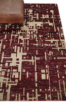 4x6 Hand Knotted Beige and Maroon Modern Abstract  Recycled Silk Area Rug
