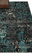 5x8 Hand Knotted Charcoal, Ivory and Blue Modern Abstract  Recycled Silk Area Rug