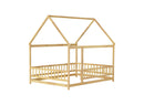 Full Size House Floor Wooden Bed with Roof Frame, Safety Guardrails,Natural