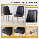 6 modern dining chairs, sleek PU backrest, and silver metal legs bring a comfortable home experience to the kitchen, bedroom, and office.Black PU Chairs with Simple Line Designs On The Backrest.