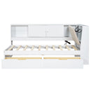 Wooden Twin Size L-shaped Daybed Corner Bed Under-bed Drawers  with Storage Bookcase and Upholstered Headboard and USB Charging Ports for Limited Space,White