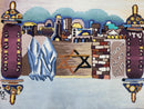 Vintage Judaica Pictorial Rug 3x5, Wool Hand-Tufted Israeli Signed Rug, Jerusalem Rug, Star of David Torah Scroll Verses, Chanuka Gift
