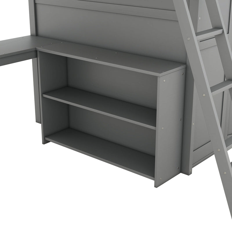 Full size Loft Bed with Desk, Shelves and Wardrobe-Gray