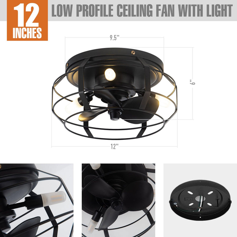 12" Industrial Flush Mount Ceiling Fan with Light and Remote Control