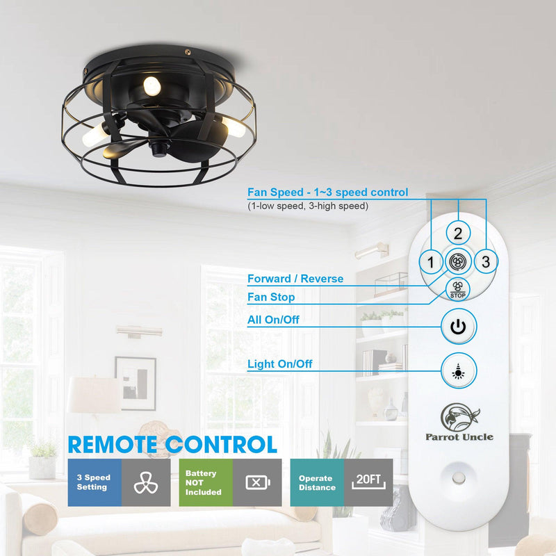 12" Industrial Flush Mount Ceiling Fan with Light and Remote Control