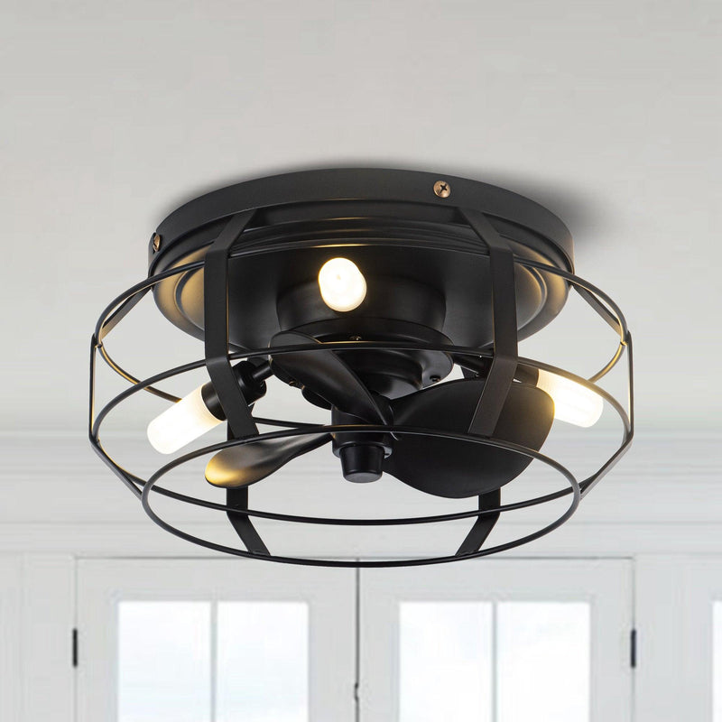 12" Industrial Flush Mount Ceiling Fan with Light and Remote Control