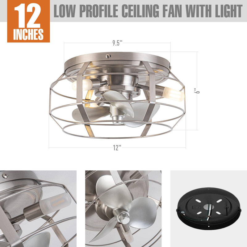 12" Industrial Flush Mount Ceiling Fan with Light and Remote Control