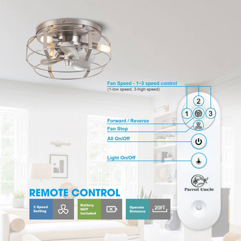 12" Flush Mount Low Profile Caged Small Ceiling Fan with Light and Remote Control