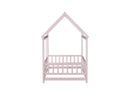 Twin Size House Floor Wooden Bed with Roof Frame,Safety Guardrails,Pink