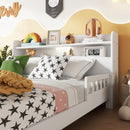 Full Pine Wood Bed with Bookcase Headboard ,LED Motion Sensor Light, Bed Guardrails,White