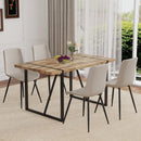 Table and chair set.A minimalist retro rectangular dining table with a textured top and black metal legs.Paired With 4 Warm Light Gray Artificial PU Chairs With Curved Widened Cushion Design.
