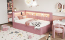 Upholstered Twin Size Platform Bed with USB Ports and LED Belt, With Trundle, Pink