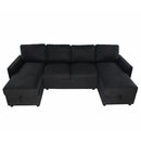 Convertible U-shaped Sectional Sofa with Storage Chaise Lounges and USB Ports, Black Twill Polyester, 103.9 Inches
