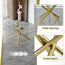 Table and chair set.Modern Luxurious Transparent Tempered Glass Dining Table Set with 8 Chairs.Single Fork Golden Metal Table Legs.Black high-quality PU dining chairs with golden metal legs.