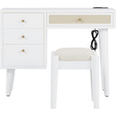 3 Pieces Bedroom Set with Queen Size Wooden Bed Frame, 1 Vintage  Nightstand and 1 Makeup Vanity Set with Stool,White