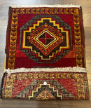 Small Antique Turkish Yastik Rug 2x3, Double Medallions, Geometric, Red, Wool