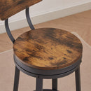 Swivel bar stool set of 2 with backrest, industrial style, metal frame, 29.5" high for dining room. Rustic Brown, 13.4"w x 40.5"h.