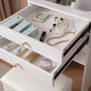 Vanity Desk with Lighted Mirror, Makeup Vanity Desk with Drawers and Storage Cabinet  for Bedroom, Glass Desktop, 3 Lighting Modes Adjustable Brightness, Storage Stool, White