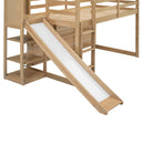 Walker Edison - Twin Size Wood House Loft bed with Slide, Storage shelves and Light, Climbing Ramp, Wood Color