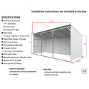 Metal carport with dimensions and installation details on a white background