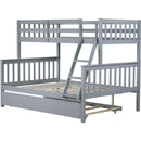 Twin Over Full Rubber Wood Bunk Bed with Trundle, Convertible Ladder and Guardrail, Detachable, Convertible Bed, with Twin Size Trundle  ,Grey