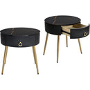 19.6" Easy Assembly End Tables with High Gloss Faux Marble Tabletops, Set of 2, Modern Fluted 2 Side Tables with Drawers, Round Coffee Tables with Golden Legs for Living Room, Black