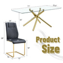 Table and chair set.Modern Luxurious Transparent Tempered Glass Dining Table Set with 8 Chairs.Single Fork Golden Metal Table Legs.Black high-quality PU dining chairs with golden metal legs.
