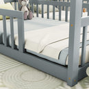 Double Twin House-Style Floor Bed with Fence, Guardrails, without door, Grey(Old Sku:W504P143316)