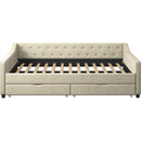Full Size Daybed with Drawers Upholstered Tufted Sofa Bed, with Button on Back and Piping on Waved Shape Arms-Beige