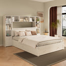Queen Size Pine Wood Platform Bed with All-In-One 2 Nightstand, Storage Shelf and Cabinet Bookcase with 2 Charging Stations, Multi-Functional Captain Bed Frame with 3 Drawers, No Box Spring Needed