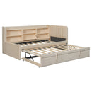Twin Size Upholstered Daybed with Trundle, Storage Shelves, USB & Outlet (Beige)
