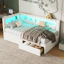 Upholstered Twin Size Platform Bed with USB Ports and LED Belt, With 2 Drawers, White