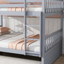 Full Over Full Rubber Wood Bunk Bed with Trundle, Ladder and Guardrails, Convertible to 2 Full Size Beds, with Twin Size Trundle,Light Grey