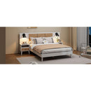 Queen Size Solid Wood Bed Frame with 2 Nightstands, Elegant Design with Lamps, Rattan and Wood Combination,White