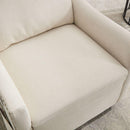 cream white fabric swivel rotating accent chair with USB and magazine book for living room and hotel bed room