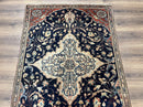 Antique Persian Rug 3.5 x 5, Sarouk Farahan Rug, High Quality 1920s Fine Oriental Carpet 3 x 5 ft, Large Medallion, Floral, Navy Blue Red, Hand Knotted Wool Rug