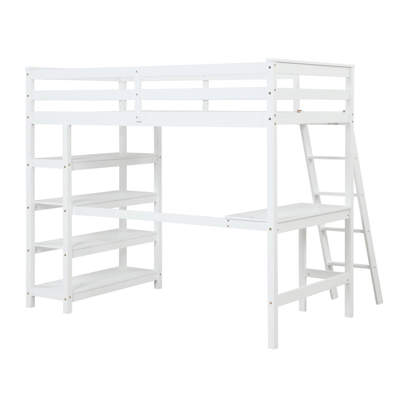 Twin Loft Bed with desk, ladder, shelves, White