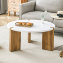Minimalist Circular MDF Coffee Table with Embedded Leg Design, White and Wood Finish, 33.4-Inch Diameter