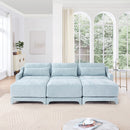Ergonomic Three-Seater Sofa with Movable Ottomans and Lumbar Pillow in Sky Blue Chenille