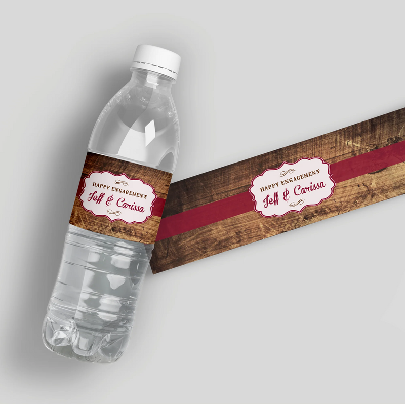 Rustic Wood Maroon Water Bottle Labels