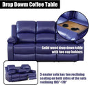 Blue Leather Reclining Sofa Set With Drop Table And Storage