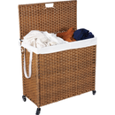 Laundry Hamper With Lid PE Rattan Powder Coating Frame Clothes Hampers with 02 Removable Bags, Wheels, 160L, Brown Color