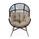 Cori Outdoor Patio Black Faux Wicker Egg Chair with Khaki Cushion, Weather-Resistant, Handwoven PE Rattan and Iron Frame