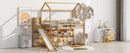Walker Edison - Twin Size Wood House Loft bed with Slide, Storage shelves and Light, Climbing Ramp, Wood Color