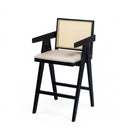 27' Height, Cream Grey Woven Cane Plastic Backrest Bar Stool - Foam-Padded Fabric Seat & Durable Rubberwood Frame