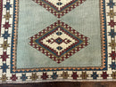 Turkish Kazak Rug 4x6, Geometric Medallion, Caucasian Design Rug, Semi Antique Vintage, Mint Green Maroon Ivory