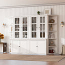 2x 75.25'' Tall Display Cabinets and Two Triangle Sided Bookshelves, 105.5'' Wide Retro Style Wall Suit with Glass Doors, for Hallways, Living room, Office, Studio or Workspace - White