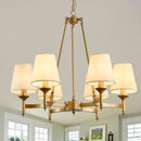 Gold Wagon Wheel Chandelier With White Linen Shade 6 Light
