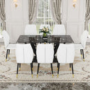 Black Marble Pattern Tempered Glass Dining Set - 71'x35.4' with 8 White PU Chairs With a Widened Backrest Design.