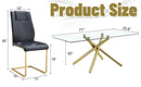 Table and chair set.Modern Luxurious Transparent Tempered Glass Dining Table Set with 8 Chairs.Single Fork Golden Metal Table Legs.Black high-quality PU dining chairs with golden metal legs.